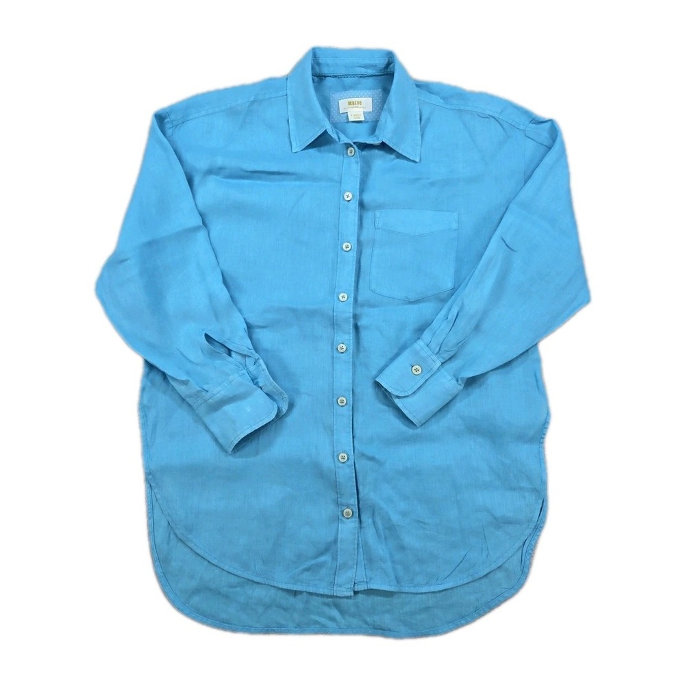 Maeve Anthropologie 100% Linen Blouse Top‎ Womens XS Blue Button Up Long Sleeve